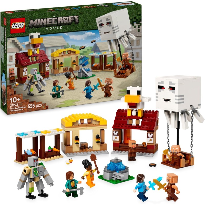 LEGO Minecraft 21273 Attacco al Villaggio del Ghast-Pallone - Giocattolo con Casa di Steve, 4 Minifigure, Golem di Ferro e Funz