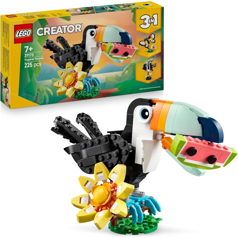 LEGO Creator 31173 3 in 1 Animali Selvatici: Tucano Tropicale con Fiore - Animale Giocattolo Trasformabile in Farfalla o Pesce 