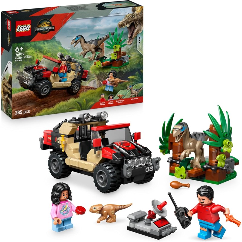 LEGO 76972 Jurassic World Fuga dal Raptor sul Fuoristrada - Include 2 figure di Dinosauro Giocattolo, una Macchina e 2 Minifigu