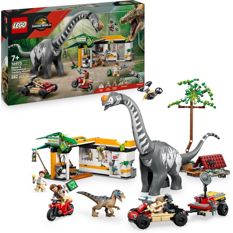 LEGO 76973 Jurassic World Alla Ricerca del Raptor e del Titanosauro - Con 2 Figure di Dinosauro Giocattolo, un Fuoristrada, una