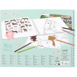 Depesche 12978 Miss Melody - Libro da colorare con 44 Pagine per disegnare Motivi di Cavalli, Incluso Foglio di Adesivi