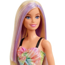 Barbie - Fashionistas N 190 Bambola con Capelli Biondi e Ciocche Viola, Abito, Sneaker Gialle con Zeppa, Bracciale, Giocattolo 