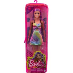 Barbie - Fashionistas N 190 Bambola con Capelli Biondi e Ciocche Viola, Abito, Sneaker Gialle con Zeppa, Bracciale, Giocattolo 