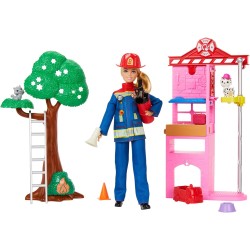 Barbie Carriere - Vigilessa del Fuoco, playset con bambola e caserma dei pompieri, include 2 cuccioli con effetto cambia colore