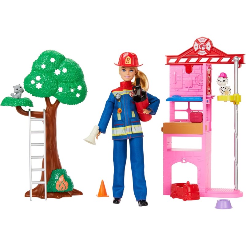 Barbie Carriere - Vigilessa del Fuoco, playset con bambola e caserma dei pompieri, include 2 cuccioli con effetto cambia colore
