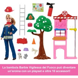 Barbie Carriere - Vigilessa del Fuoco, playset con bambola e caserma dei pompieri, include 2 cuccioli con effetto cambia colore