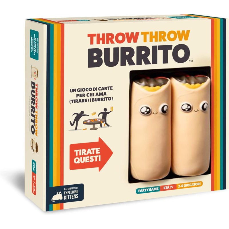 Asmodee - Throw Throw Burrito - Divertente Gioco da Tavolo, con Due Burrito Squishy, Carte da Gioco, 7+ Anni, 2-6 Giocatori, Ed