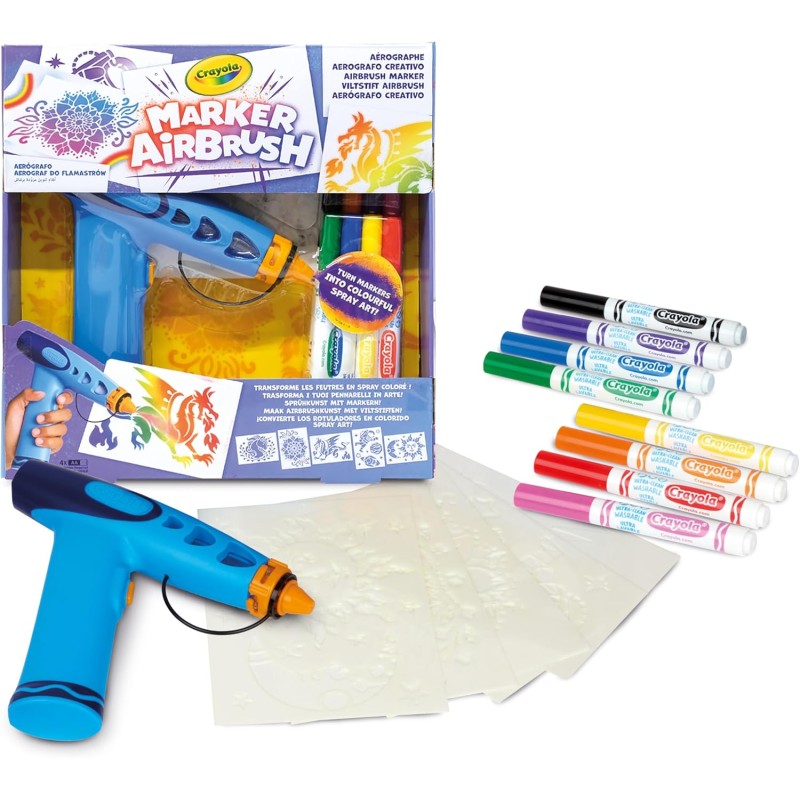 CRAYOLA Marker Airbrush - Aerografo Creativo per Bambini con 8 Pennarelli Lavabili e 5 Stencil, Giocattolo Educativo per Attivi
