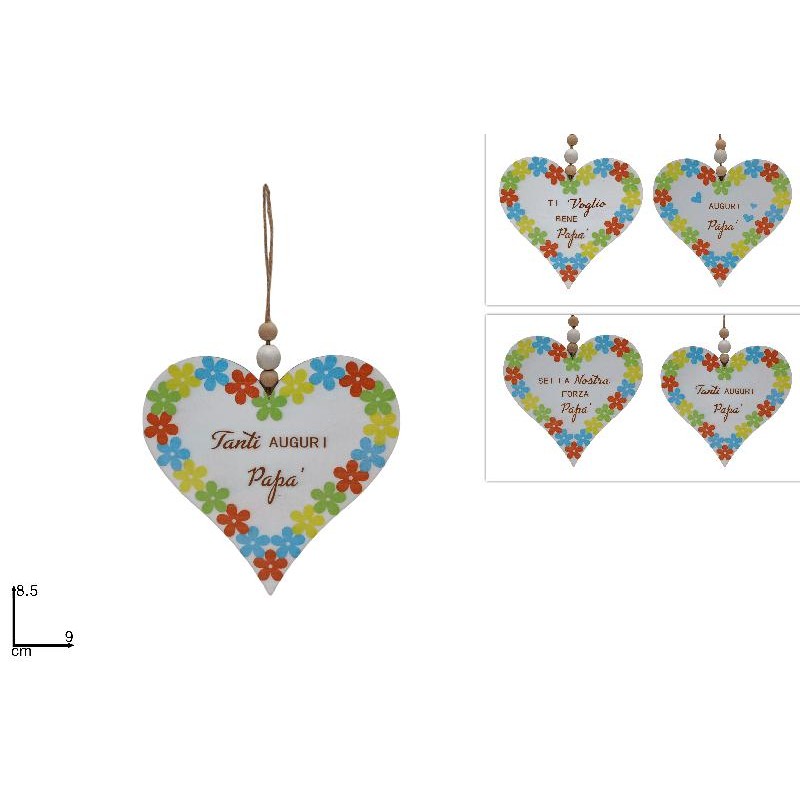Appendino Cuore Legno Festa Papà cm 8,5x9 cm, modelli assortiti, 1 pezzo