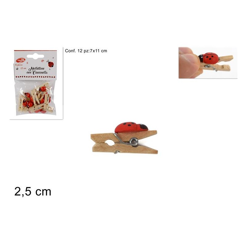 Confezione 12 Mollette con Coccinella Rossa 2,5 cm