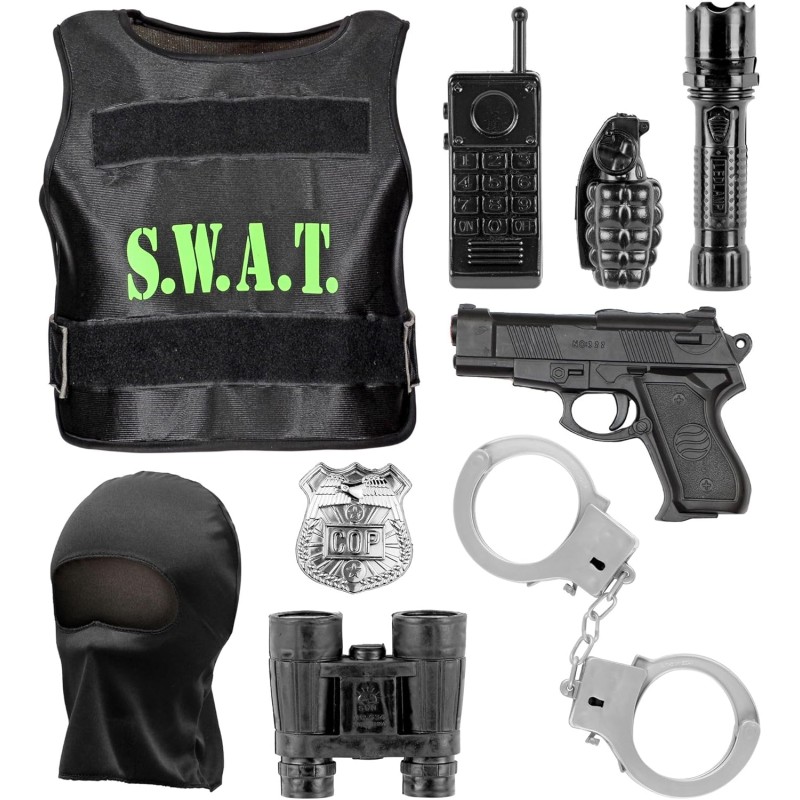 Widmann - Set di costumi S.W.A.T. giubbotto antiproiettile, maschera, distintivo, pistola, manette, radio, torcia, granata a ma