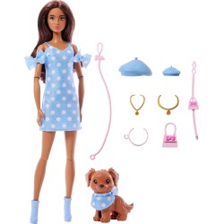 Mattel - Barbie - Twinning Looks, bambola castana e cagnolino in abiti azzurri a pois abbinati, accessori per entrambi quali be