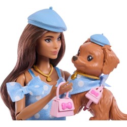 Mattel - Barbie - Twinning Looks, bambola castana e cagnolino in abiti azzurri a pois abbinati, accessori per entrambi quali be