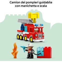 LEGO DUPLO 10473 Autopompa con Manichetta e Pompiere - Gioco Didattico per la Motricità Fine - Camion Giocattolo Rosso con Scal