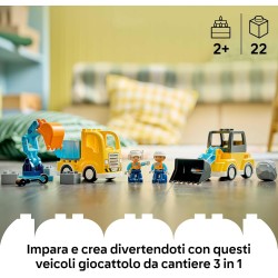 LEGO DUPLO 10475 Veicoli da Cantiere 3 in 1 - Gioco Didattico Montessori con Camion, Escavatore e Gru Giocattolo