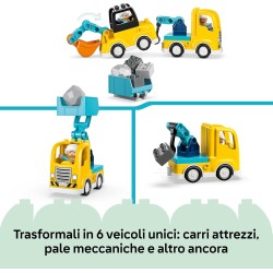 LEGO DUPLO 10475 Veicoli da Cantiere 3 in 1 - Gioco Didattico Montessori con Camion, Escavatore e Gru Giocattolo