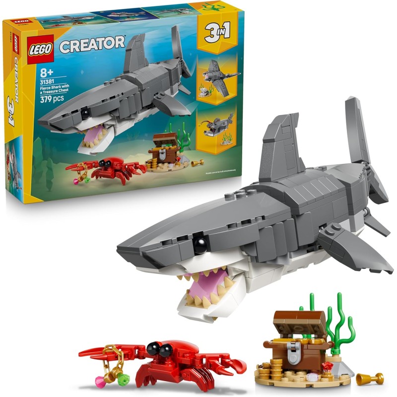 LEGO Creator 31381 3 in 1 Squalo con Scrigno del Tesoro Giocattolo - Animale Marino Trasformabile in Rana Pescatrice o Manta - 