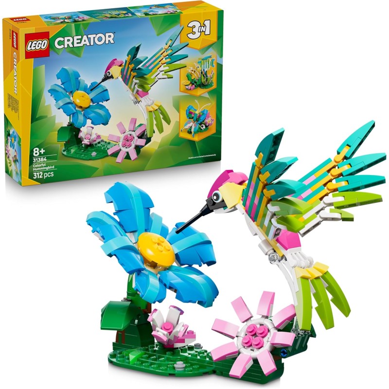 LEGO Creator 31384 3 in 1 Animali Selvatici: Colibrì Variopinto - Uccello Giocattolo Trasformabile in Farfalla o Pesce - Decora