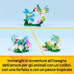 LEGO Creator 31384 3 in 1 Animali Selvatici: Colibrì Variopinto - Uccello Giocattolo Trasformabile in Farfalla o Pesce - Decora
