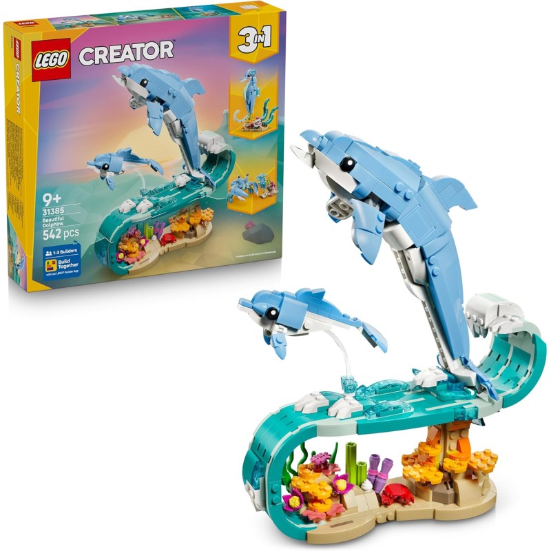 LEGO Creator 31385 3 in 1 Animali Marini: Meravigliosi Delfini Giocattolo - Si Trasforma in Cavalluccio Marino o in Granchio - 