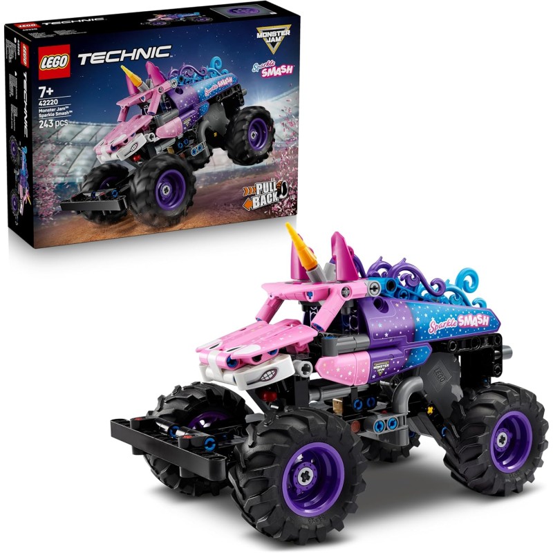 LEGO Technic 42220 Monster Jam Sparkle Smash a Retrocarica - Camion Giocattolo Pull-Back - Auto da Corsa a Tema Unicorno Rosa