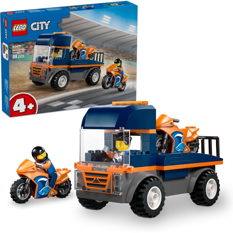 LEGO City 60491 Trasportatore di Moto - Giocattolo per lo Sviluppo della Motricità Fine con Camion, 2 Motociclette, 2 Minifigur