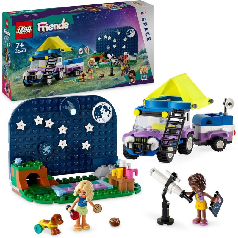 LEGO Friends 42603 Camping-Van Sotto le Stelle con Telescopio Giocattolo, Modellino di Auto 4x4, Mini Bamboline di Nova e Aliya