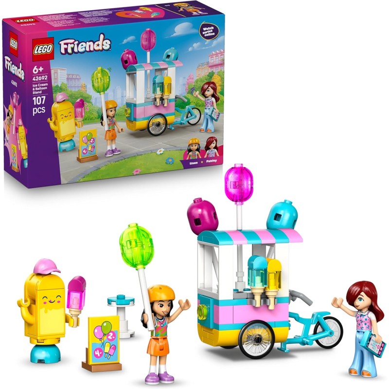 LEGO Friends 42692 Bancarella dei Gelati con Palloncini - Negozio Giocattolo con Bici, 2 Mini Bamboline, Accessori, Cibo e Masc