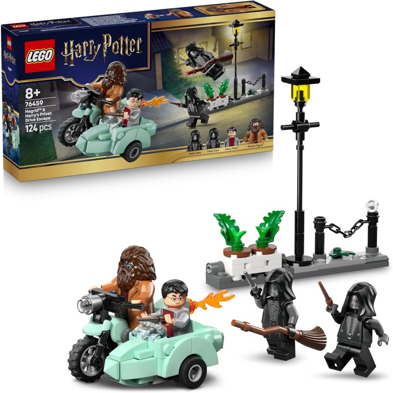 LEGO 76459 Harry Potter Fuga da Privet Drive di Hagrid e Harry - Moto Giocattolo con 4 Minifigure incl. 2 Mangiamorte e una Sce