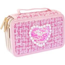 Girabrilla Astuccio Tweed Rosa, 3 Scomparti con Pennarelli e Matite Colorate