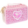 Girabrilla Astuccio Tweed Rosa, 3 Scomparti con Pennarelli e Matite Colorate