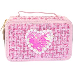 Girabrilla Astuccio Tweed Rosa, 3 Scomparti con Pennarelli e Matite Colorate