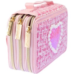 Girabrilla Astuccio Tweed Rosa, 3 Scomparti con Pennarelli e Matite Colorate