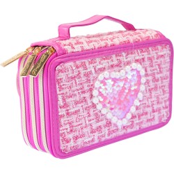 Girabrilla Astuccio Tweed Magenta, 3 Scomparti con Pennarelli e Matite colorate