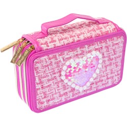 Girabrilla Astuccio Tweed Magenta, 3 Scomparti con Pennarelli e Matite colorate