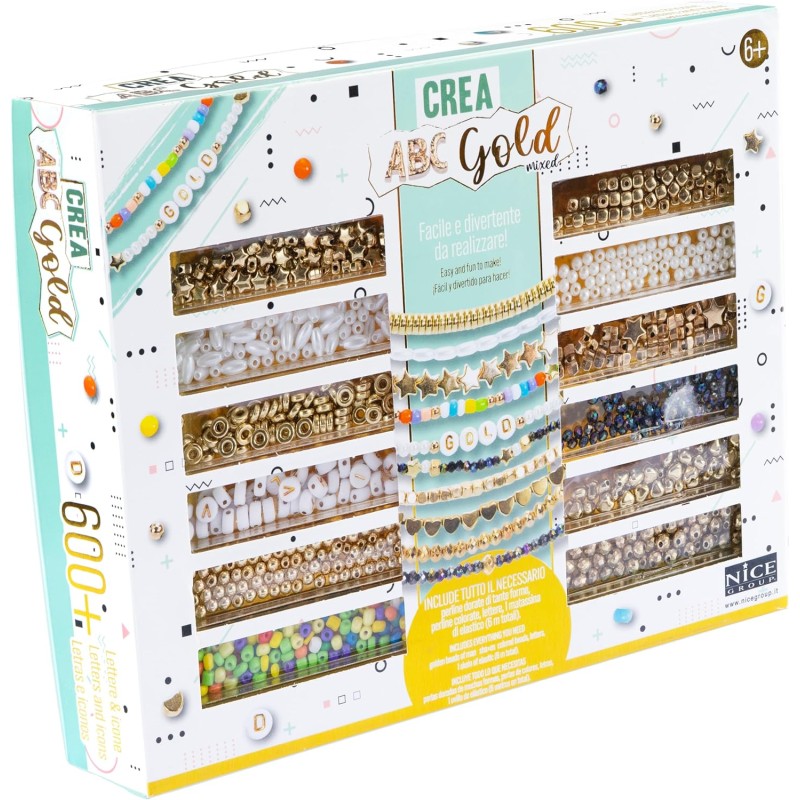 Nice Group - Perline ABC Gold Mixed, Kit da oltre 600 Perline colorate e multiformi