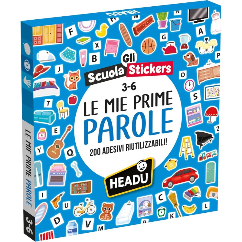 HEADU - Scuola Stickers Le Mie Prime Parole - 200 Adesivi Riutilizzabili | Impara a Leggere e Scrivere con Gli Adesivi Stacca-A