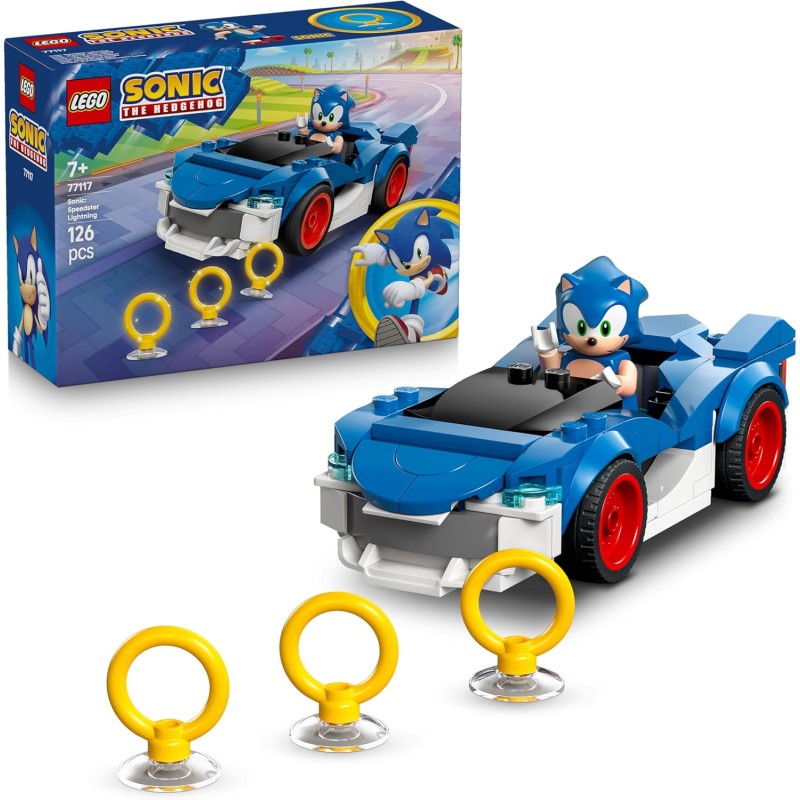 LEGO Sonic the Hedgehog: Sonic: Fulmine Supersonico - Macchina Giocattolo con Minifigure, Chaos Emerald e 3 Anelli d'Oro - 