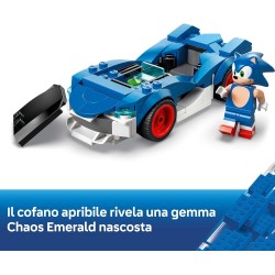 LEGO Sonic the Hedgehog: Sonic: Fulmine Supersonico - Macchina Giocattolo con Minifigure, Chaos Emerald e 3 Anelli d'Oro - 