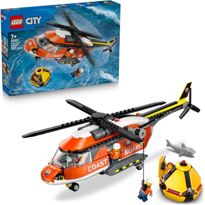 LEGO 60503 City Coast Guard Helicopter Toy - Emergency Vehicle Model Kit w/Sliding Doors, Winch, 4 Minifigures & Shark Figure -