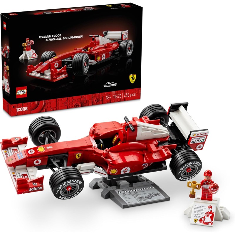 LEGO Icons 11375 Ferrari F2004 e Michael Schumacher - Modello di Auto F1 per Adulti - Set con Motore V10 e Minifigure da Collez