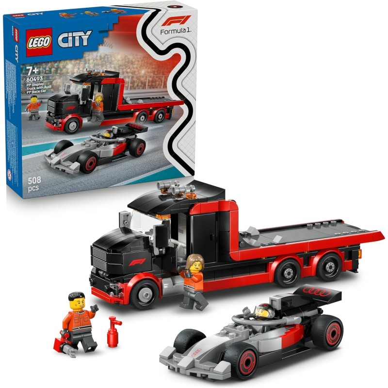 LEGO 60493 City Display Truck F1 con Auto da Corsa Audi F1 Giocattolo - Kit con 3 Minifigure e Funzione di Sollevamento Veicoli