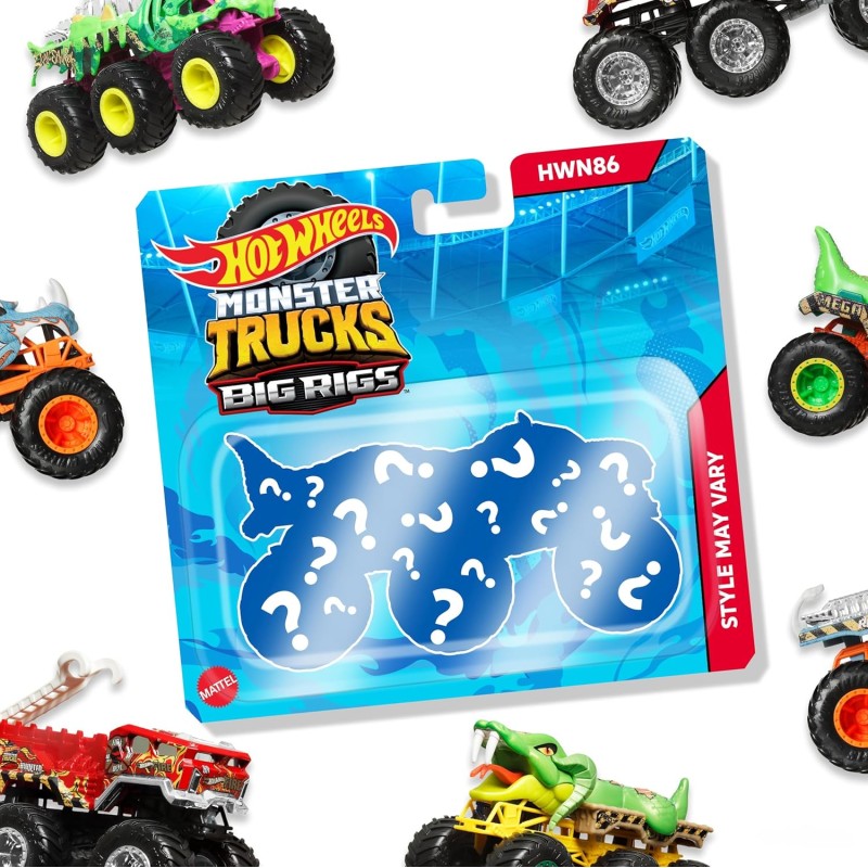 Hot Wheels HWN86 Monster Trucks – Grandi Tir, camion die-cast 1:64 con 6 ruote (Un modello a sorpresa tra stili assortiti), può