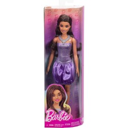 Mattel - Barbie HYT92 - Bambola Fashionistas n. 234, con capelli marroni, abito viola a bolle con paillettes e gonna satinata,