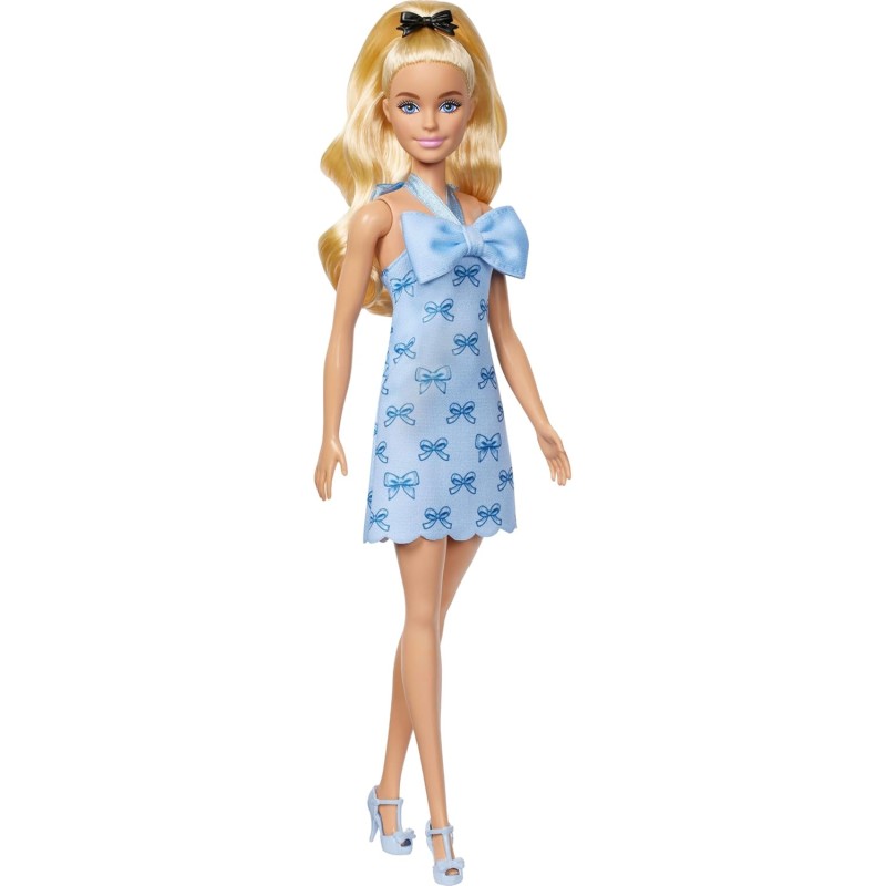 Mattel - Barbie HYT93 - Bambola Fashionistas n. 237, con capelli biondi ondulati, abito azzurro e fiocchi, accessorio per capel