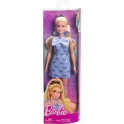 Mattel - Barbie HYT93 - Bambola Fashionistas n. 237, con capelli biondi ondulati, abito azzurro e fiocchi, accessorio per capel