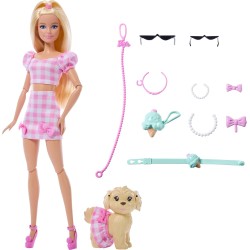 Mattel - Barbie JFP36 - Twinning Looks, bambola bionda e cagnolino in abiti rosa a quadretti abbinati, accessori per entrambi,