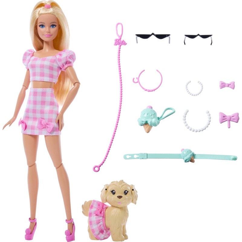 Mattel - Barbie JFP36 - Twinning Looks, bambola bionda e cagnolino in abiti rosa a quadretti abbinati, accessori per entrambi,