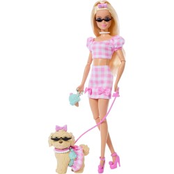 Mattel - Barbie JFP36 - Twinning Looks, bambola bionda e cagnolino in abiti rosa a quadretti abbinati, accessori per entrambi,