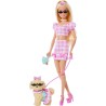 Mattel - Barbie JFP36 - Twinning Looks, bambola bionda e cagnolino in abiti rosa a quadretti abbinati, accessori per entrambi,